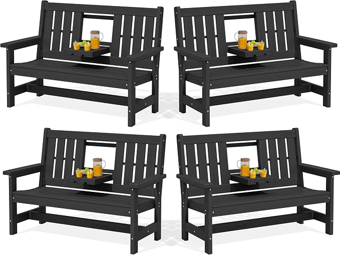 SERWALL Outdoor Bench with Cup Holder, All Weather Patio Benches with High by SERWALL