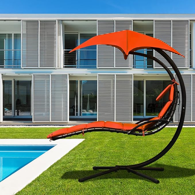 Giantex Hanging Chaise Lounger Chair, Arc Stand Porch Swing Chair w/Canopy - Image 9