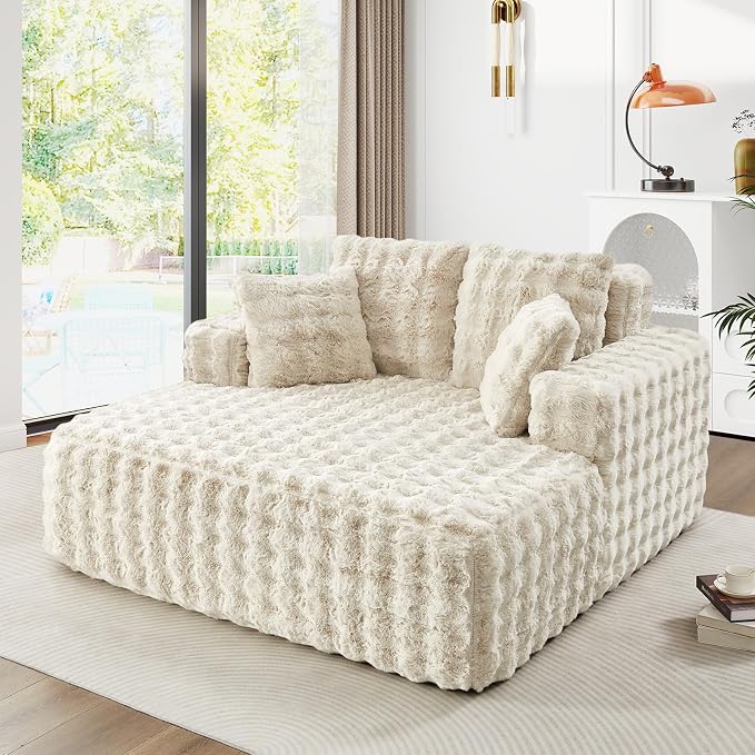 56" W Oversized Chaise Lounge Chair Indoor, Plush Faux Fur Sleeper Couch Sofa by JEEOHEY