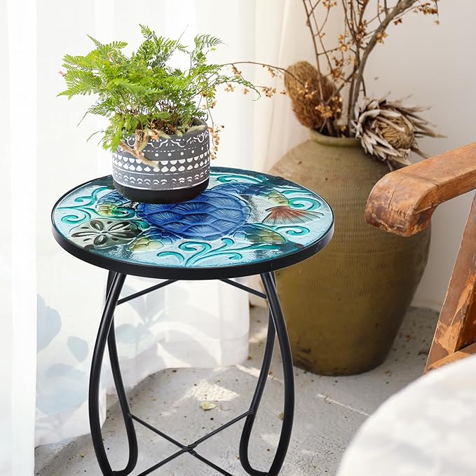 VCUTEKA Patio Side Table Outdoor Accent Table Small Mosaic Table Coffee Table - Image 2