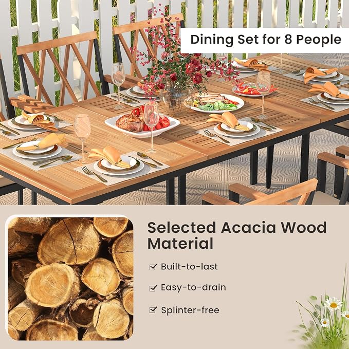 Tangkula 9-Piece Patio Dining Set, Outdoor Acacia Wood Dining Table - Image 6