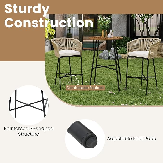 Tangkula 3 Pieces Rope Woven Patio Bar Set, Outdoor High Table and Chairs Set - Image 7