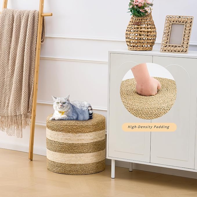 Handwoven Ottoman Pouf, Natural Seagrass Footstool, Round Braided Outdoor Seat - Image 6