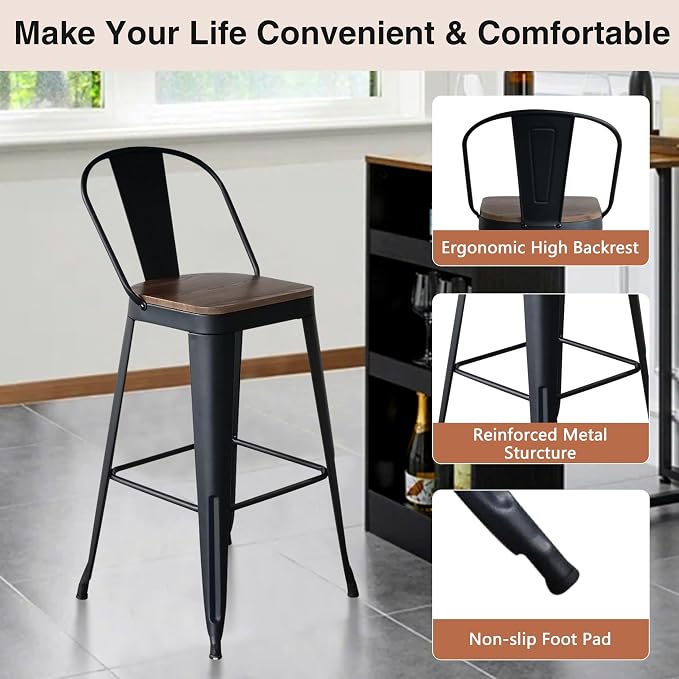 ALISH 26 Inch Industrial Bar Stools Set of 2, High Back Metal Barstools - Image 8