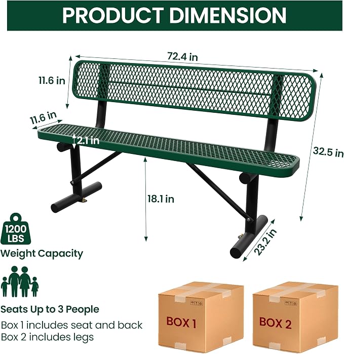 6 Feet Steel Park Bench for Outside, Outdoor Bench - Image 2