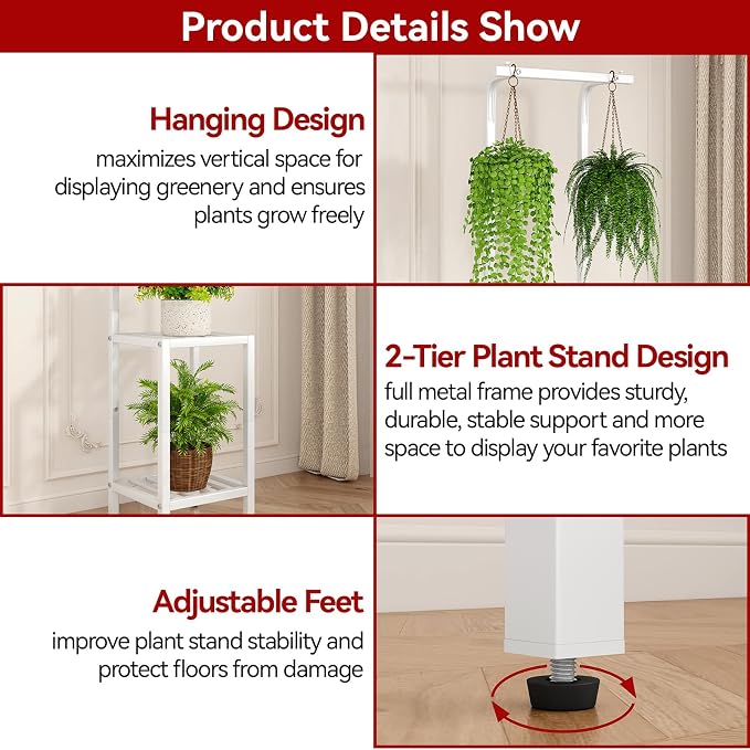 IBUYKE 67 Inch Tall Plant Stand Indoor Outdoor, 3 Tier Metal Hanging Plant Shelf - Image 3