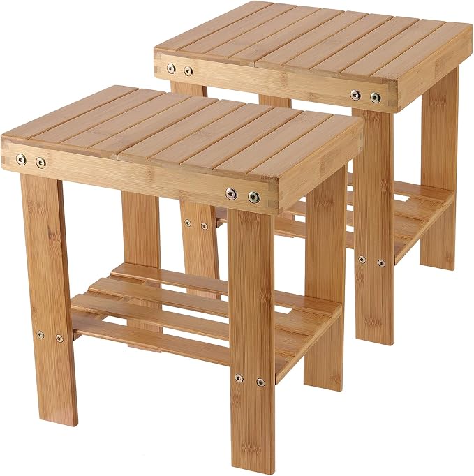 2 Pack Bamboo Step Stool, Bamboo Shower Bench, Wooden Shower Foot Stool by ZEONHAK