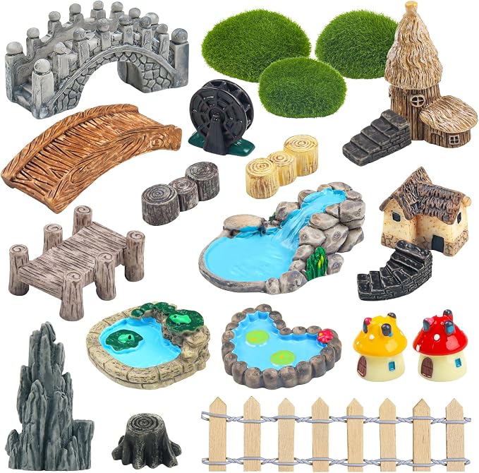 21 Pcs Fairy Garden Miniatures Accessories Bridge House Landscape Water Well by QUOZUO