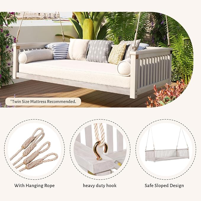 LUMISOL Twin Size Patio Swing Bed, Wooden Porch Swing Frame - Image 5