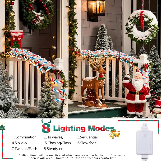 Jnaurb Christmas Candy Cane Lights, 33ft 240 LED Connectable White & Red & Blue - Image 3
