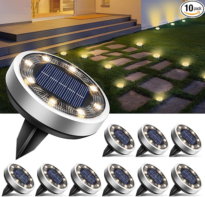btfarm 10 Pack Solar Ground Lights Outdoor, 8 LED Solar Disc Lights IP65 by btfarmdecorativelighting