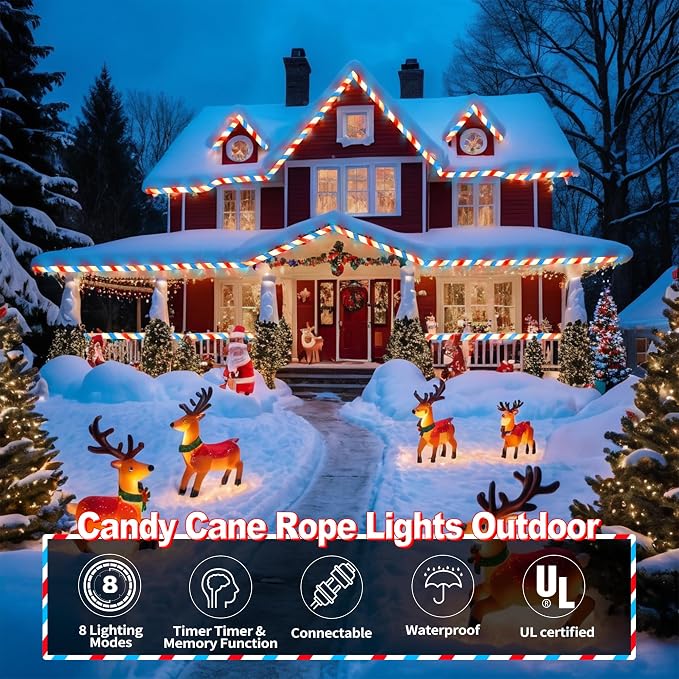 Jnaurb Christmas Candy Cane Lights, 33ft 240 LED Connectable White & Red & Blue - Image 2