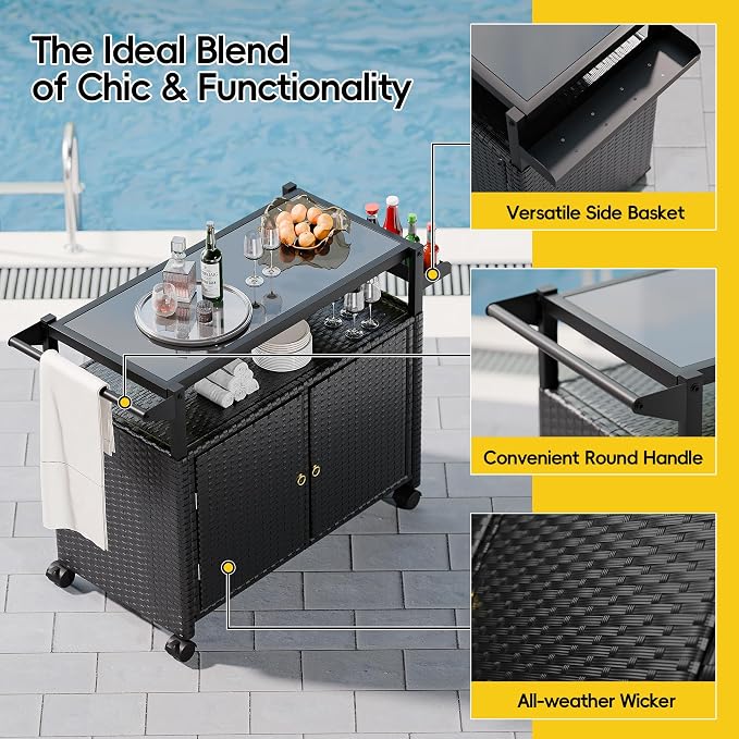 MU Outdoor Bar Cart with Storage and Wheels, Outdoor Bar Table with Tempered - Image 5
