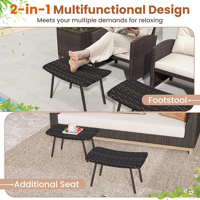Tangkula Set of 2 Patio Ottomans, Outdoor Wicker Footrest Extra Seating - Image 9