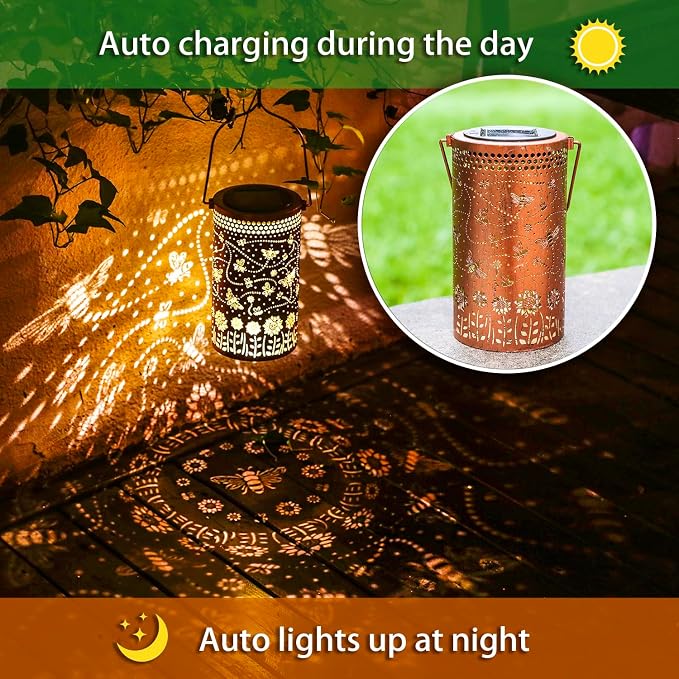 2 Pack Bee Outdoor Solar Hanging Lanterns Waterproof LED Solar Lights Metal - Image 5
