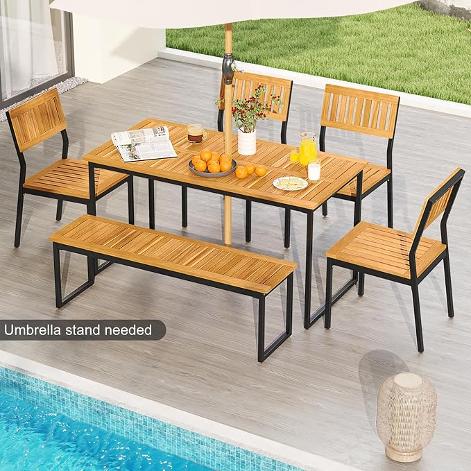 Tangkula 6 Pieces Outdoor Acacia Wood Dining Set, Patio Table and Chairs Set - Image 2