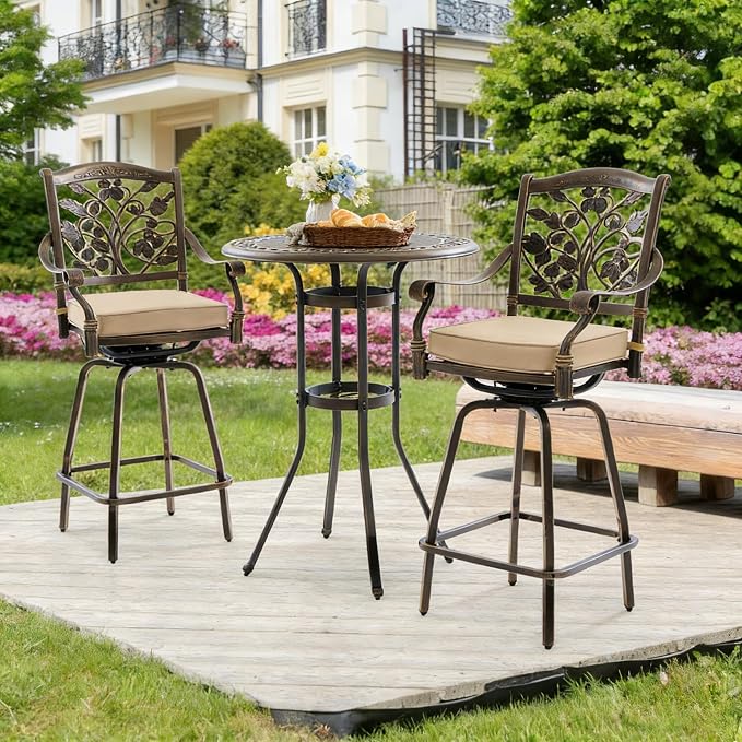 3 Piece Swivel Outdoor Table and Chairs Bar Set, All-Weather Cast Aluminum - Image 5