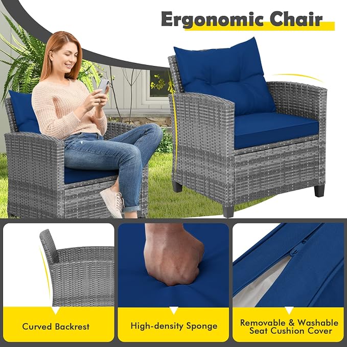 Tangkula 3 Pieces Patio Furniture Set, Outdoor PE Rattan Conversation Chair Set - Image 6