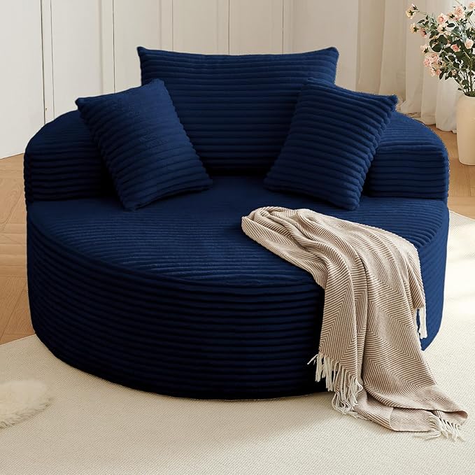 Oversized Round Chair Lounge Chaise Indoor, Upholstered Corduroy Deep Seat by Lakifun