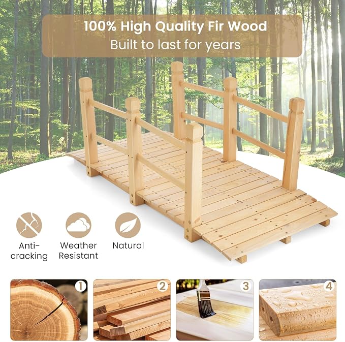 HAPPYGRILL 5FT Wooden Garden Bridge, Decorative Pond Landscaping Bridge - Image 4