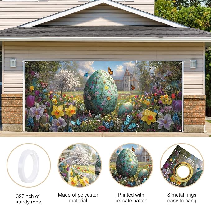 ANNA QUEEN Easter Garage Door Banner 6x13FT, Giant Floral Easter Egg Garden - Image 4