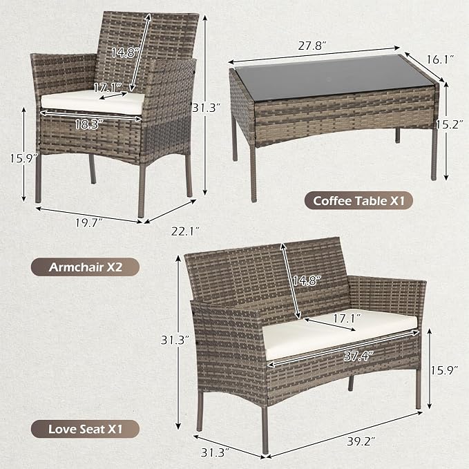 FDW | 4-Piece Patio Furniture Set | Gray & Khakhi | Outdoor Wicker Furniture - Image 3