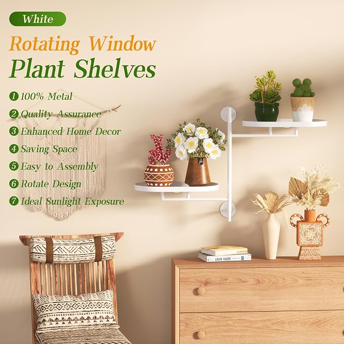 Window Rotating Plant Stand Shelf Indoor White Metal Floating Shelves 2-Tier - Image 3