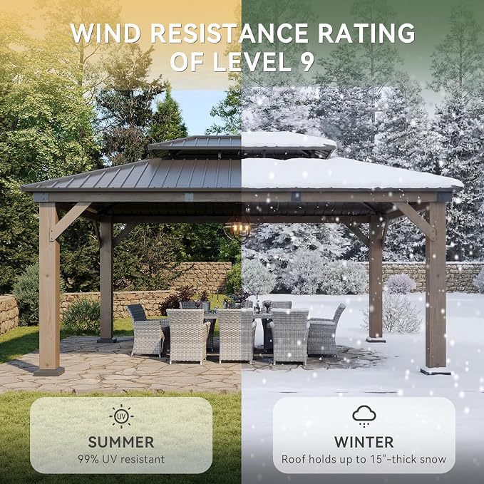 Aoxun 12' x 16' Outdoor Wood Gazebo, Hardtop Gazebo Permanent Wooden Pavilion - Image 4