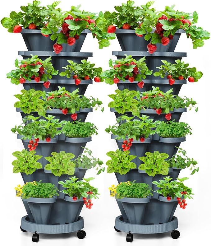 7 Tiered Strawberry Vertical Planter 2 Pack, Stackable Tower Garden Planter by Tectsia