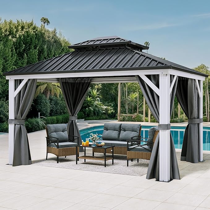 YITAHOME 10X12FT White Hardtop Metal Gazebo Patios Double Roof Canopy Aluminum by YITAHOME