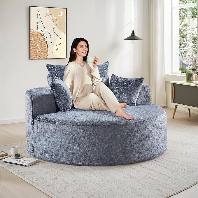Oversized Round Chaise Longue Chair Indoor, Modern 55-inch Upholstered Chenille by Antetek