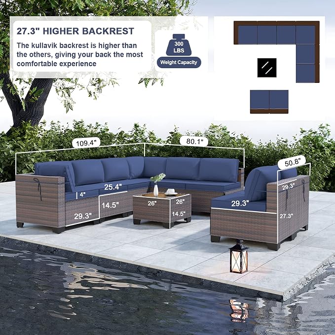 Kullavik 9 Pieces Outdoor Patio Furniture Set, Outdoor Sectional Rattan Sofa - Image 2