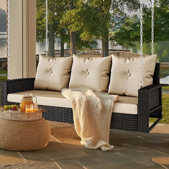 YITAHOME 3-Seats Hanging Porch Swing Chair Outdoor Black Rattan Patio Swing by YITAHOME
