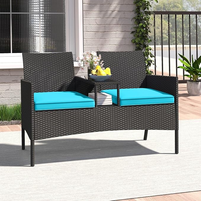 Tangkula Patio Loveseat with Built-in Table, Wicker 2-Seat Furniture with Soft - Image 2