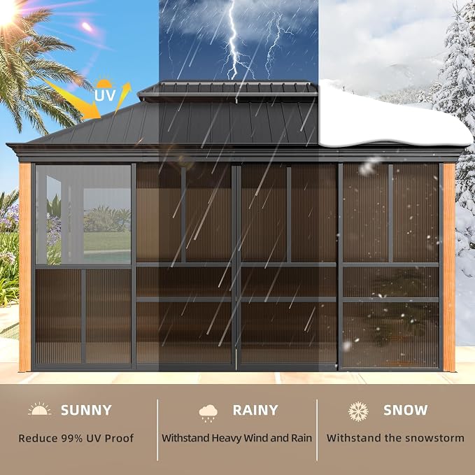 EROMMY 12' X 14' Hardtop Sunroom, Galvanized Steel Double Roof Gazebo Solarium - Image 7