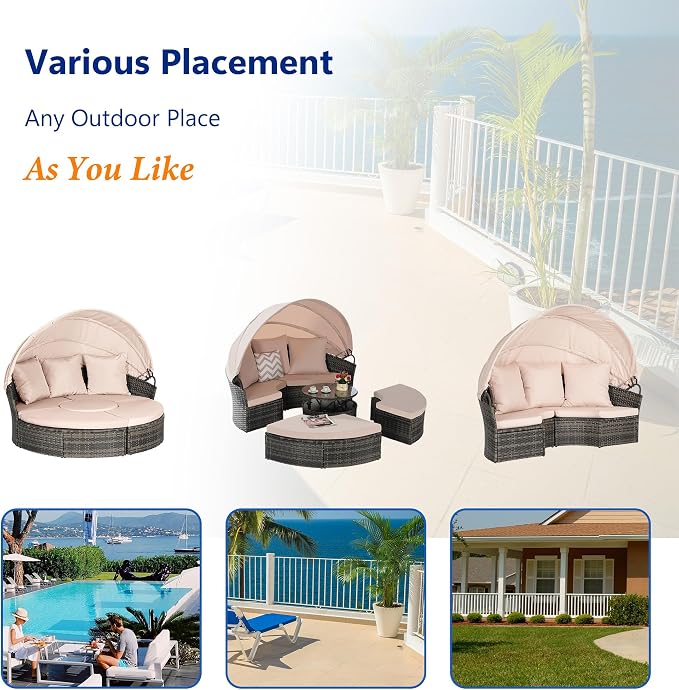 Merax 5 Pieces Outdoor Patio Round Daybed Furniture, All-Weather Wicker - Image 4