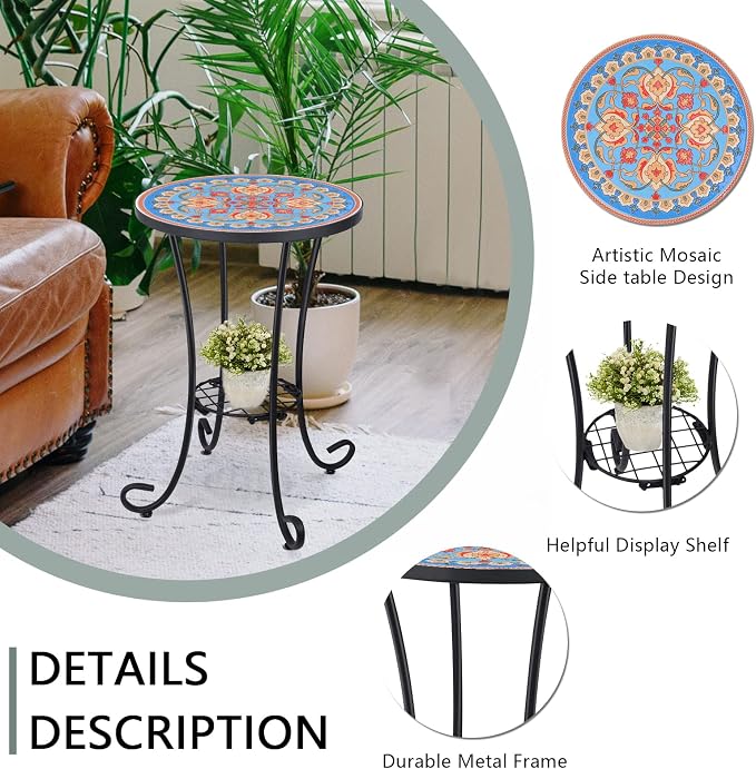 VCUTEKA Outdoor Side Table Mosaic Patio Table Accent Tables Mosaic Tile Top - Image 5