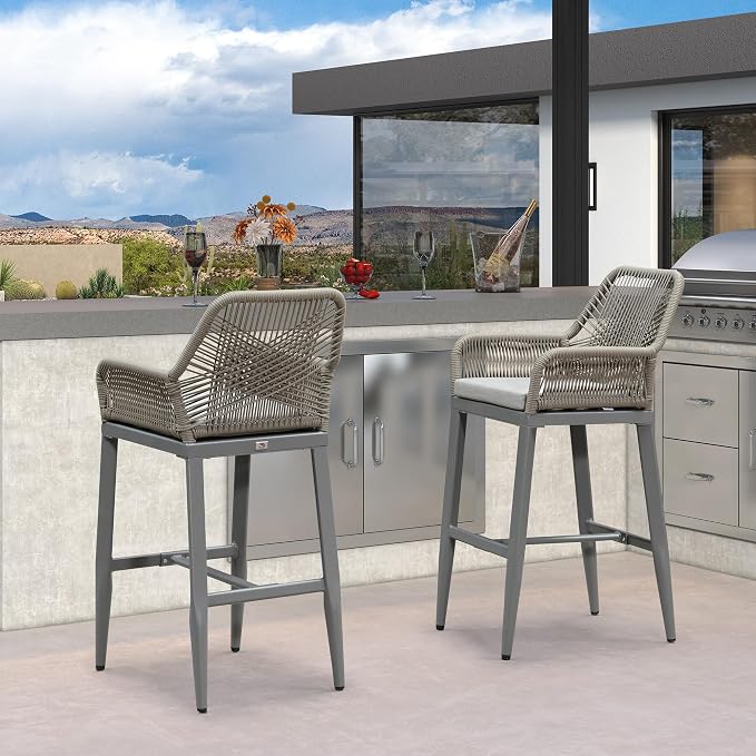 PURPLE LEAF Outdoor 29" Wicker Bar Stools Set of 2, Boho Patio Bar Height Chair - Image 7