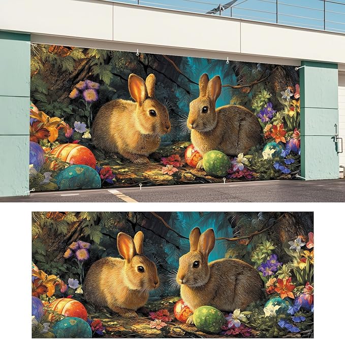 ANNA QUEEN Easter Bunny Garage Door Banner 6x13FT, Two Rabbits and Easter Eggs - Image 6