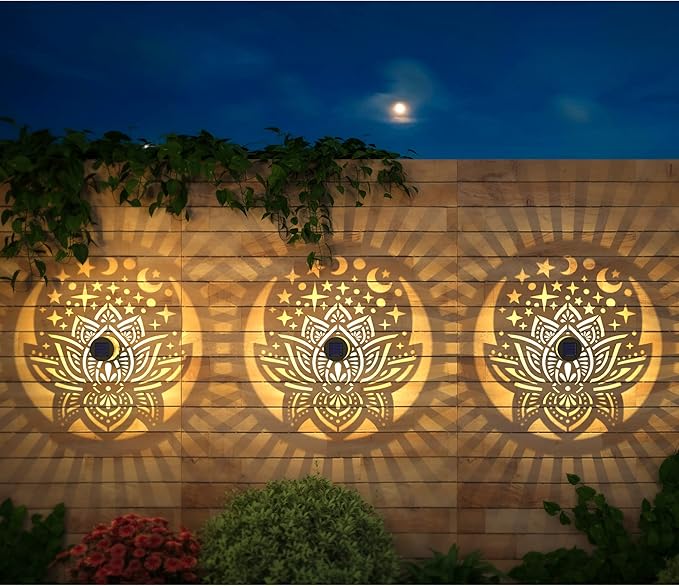 4 Pack Solar Fence Lights Metal Solar Powered Outdoor Wall Deck Lights Lotus - Image 2