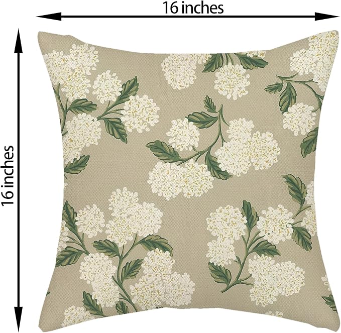 Beige Spring Pillow Covers 16x16 Inch 2 Pcs Khaki Green Hydrangea Flower Decor - Image 6