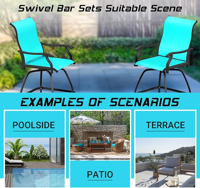 LEVELEVE Patio Bar Set 2pcs Swivel Bar Stools Outdoor Bistro Textilene - Image 6