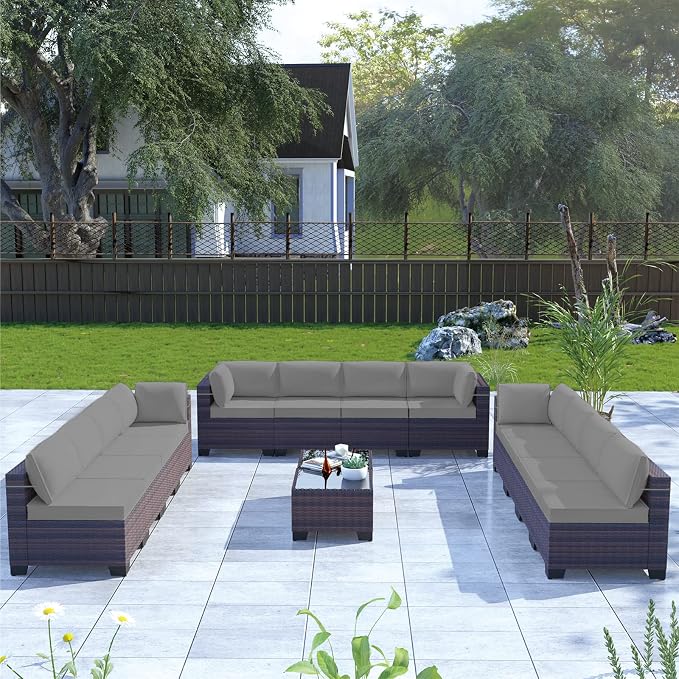 Kullavik 14 Pieces Outdoor Patio Furniture Set, Sectional Rattan Sofa Set Brown - Image 6