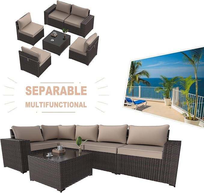 Kullavik Outdoor Patio Furniture Set 6 Pieces Sectional Rattan Sofa Set Brown - Image 7