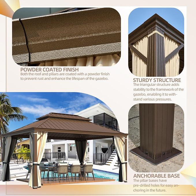 YOLENY 12'x16' Hardtop Gazebo, Wood Grain Aluminum Frame Outdoor Gazebo - Image 7