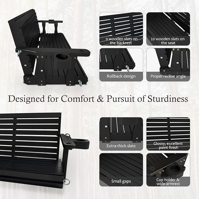 Wooden Porch Swing 3-Seater, High Backrest and Deep Seat, Bench Swing - Image 5