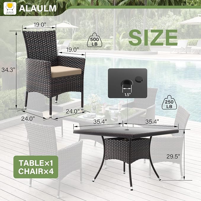 ALAULM 5 Piece Patio Dining Set All-Weather Wicker Outdoor Furniture Set - Image 2