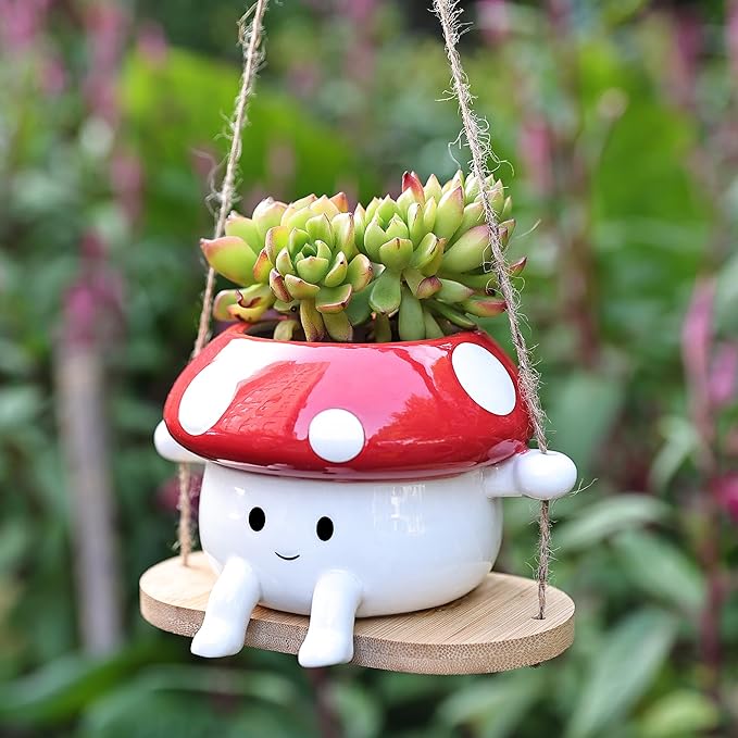 Fungi Fun Mushroom Hanging Planter Pot, Cute Ceramic Swing Face Planter by FungiFunMushroomLover