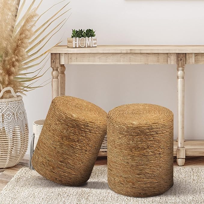 Wimarsbon Round Pouf Ottomans, Handwoven Natural Water Hyacinth Seagrass Pouffe - Image 2