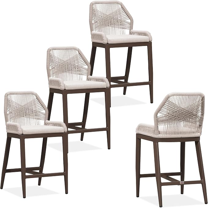 PURPLE LEAF Counter Height Bar Stools Set of 4 Rattan Wicker Outdoor Metal Boho by PURPLELEAF